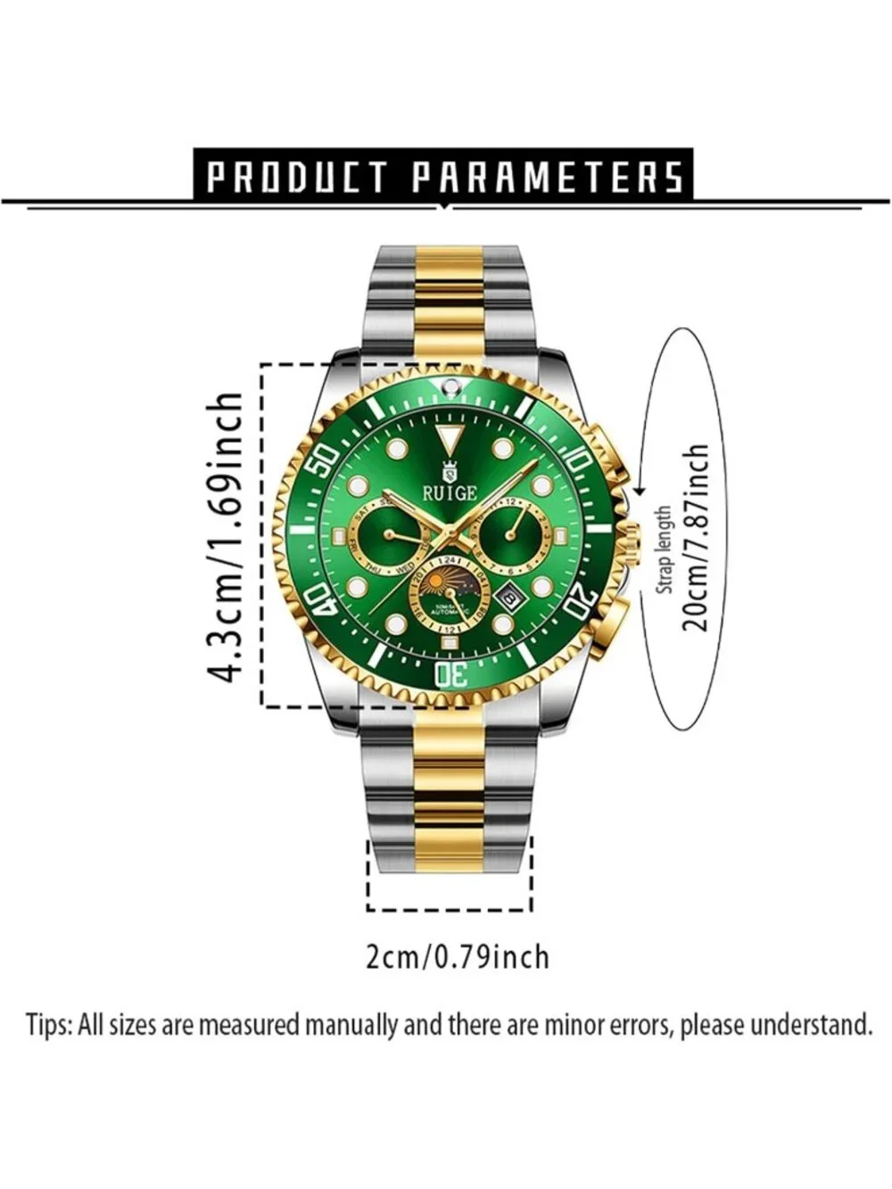 Men's Green Two-Tone Gold Steel Mechanical Waterproof Luminous Wrist Watch
